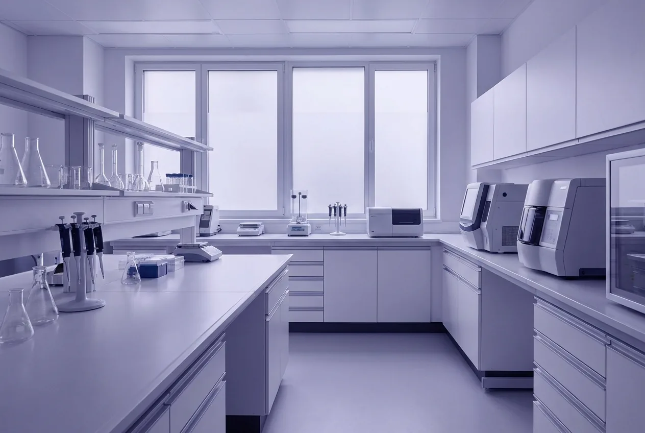 Laborraum mit Arbeitsflächen und Analysegeräten.