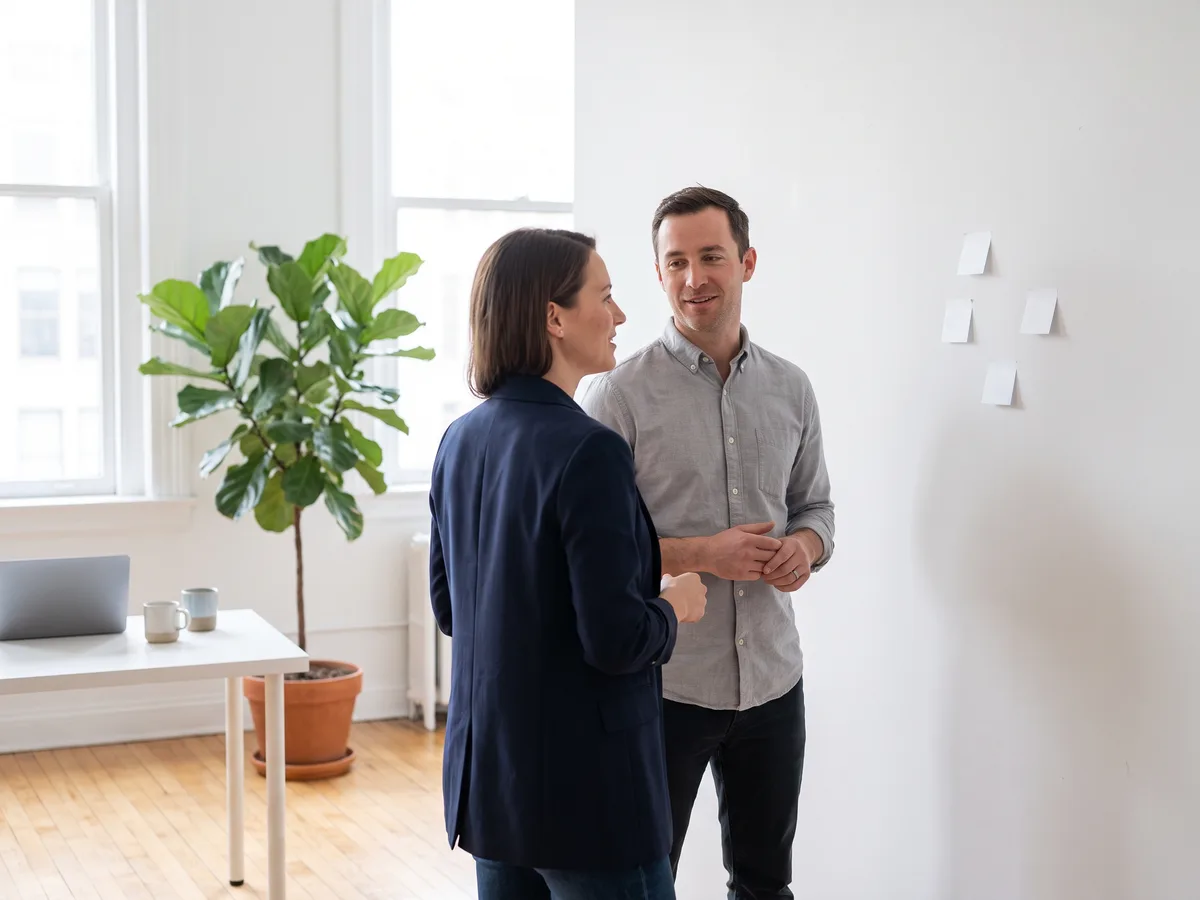 Zwei Consultants stehen an einer Wand mit Notizzetteln und besprechen einen Prozess.