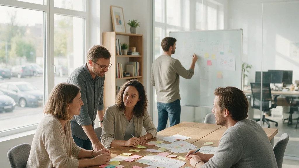 Mehrere Personen an einem Besprechungstisch mit Notizzetteln und Skizzen, im Hintergrund schreibt jemand an einem Whiteboard.