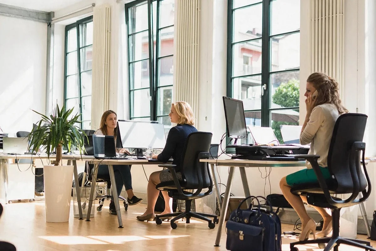 Drei Personen arbeiten an Bildschirmarbeitsplätzen in einem hellen Büro mit hohen Fenstern, eine telefoniert.