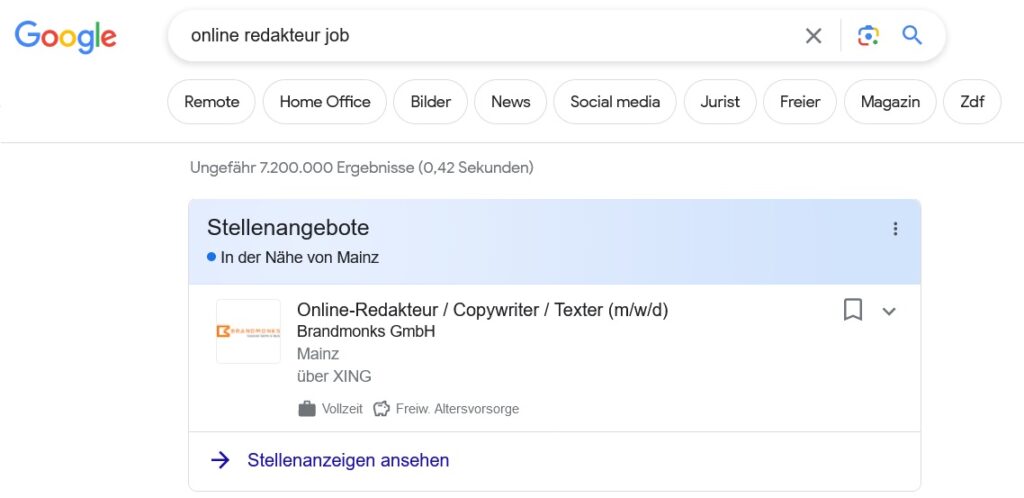 Mit SEO-Maßnahmen kann eine Jobanzeige bei Google for Jobs landen